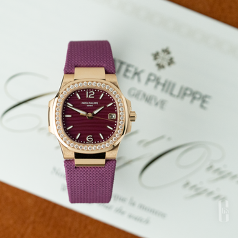 Patek Philippe Ladies Nautilus Quartz Purple Dial set